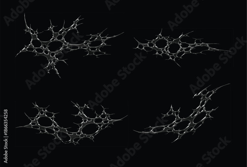 Set 3d chrome metal effect neo tribal y2k gothic style tattoo. Cyber sigilism abstract design. Black flame ornaments with sharp edges and metalcore aesthetic. Vector decorative elements