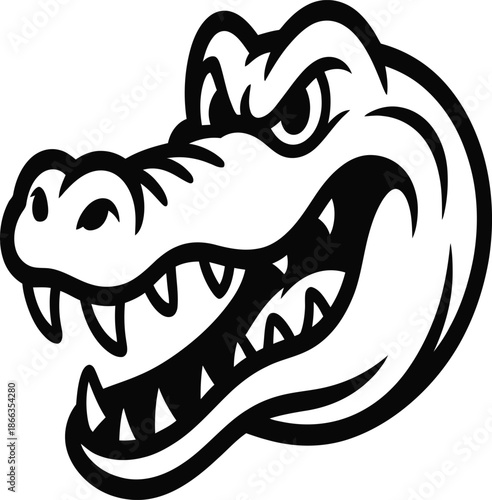 Fierce cartoon alligator head with sharp teeth and intense gaze