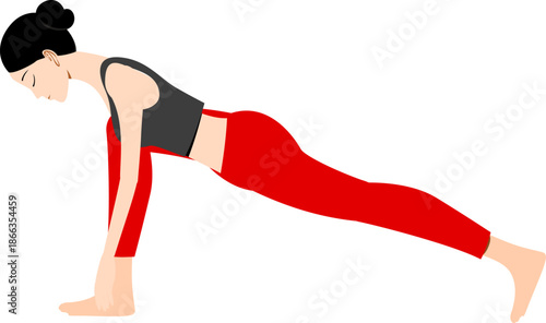Woman in low lunge yoga pose athletic figure in red leggings and black top vector illustration for fitness and wellness concepts isolated on white background