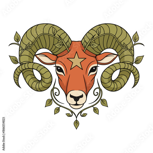 Mystical Ram Head Illustration with Star and Foliage