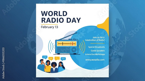 World radio day poster with blue radio and people celebrating on white background