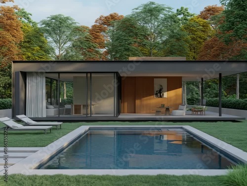 Modern home with pool and forest view