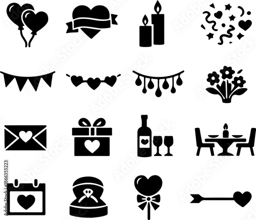 wedding icon set with love cake gift and celebration symbols