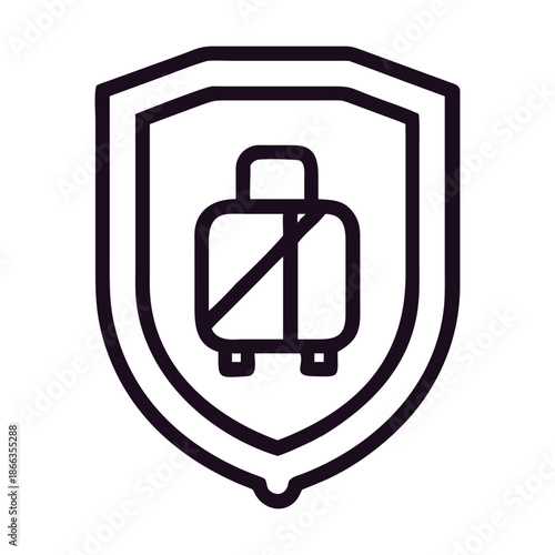 Illustration of a shield containing a luggage icon, symbolizing travel insurance and protection against loss or damage, isolated on a simple and clean design