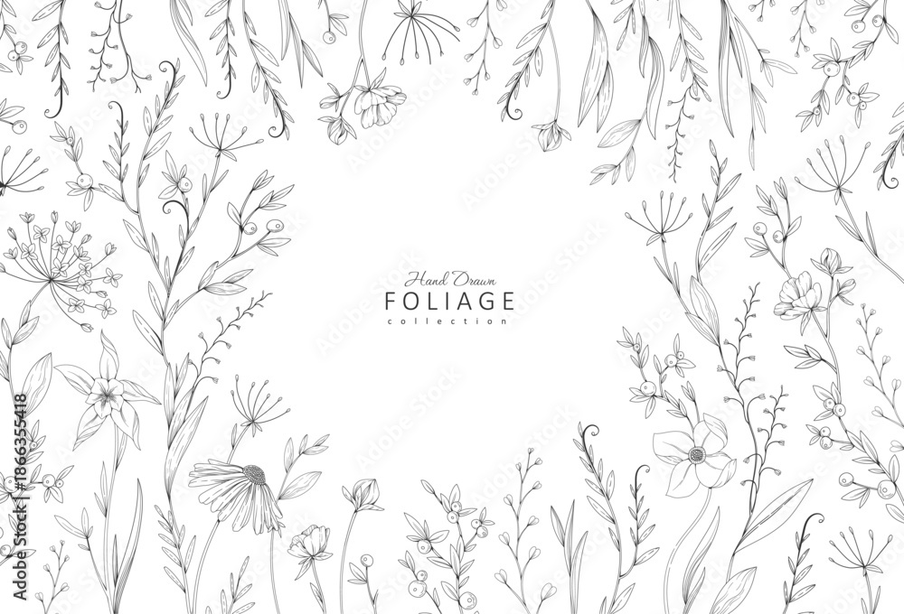 Obraz premium Floral bakground or wallpaper with tender flowers and leaves. Botanical foliage for wedding invitation or wall art. Vector illustration