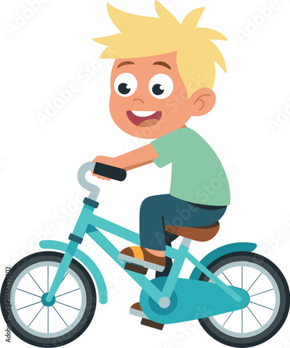 Happy blond boy rides blue bicycle cartoon illustration active child cycling outdoors healthy lifestyle joyful kid having fun recreational activity summer vacation children's book character design vec