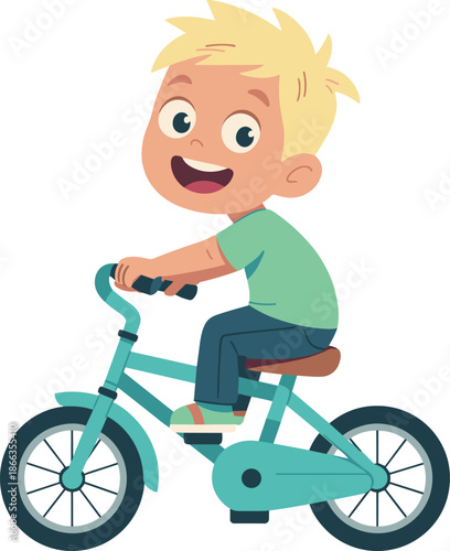 Happy cartoon boy riding bicycle smiling cheerfully active childhood exercise healthy lifestyle fun leisure activity outdoor recreation kid character illustration for children's books educational mate