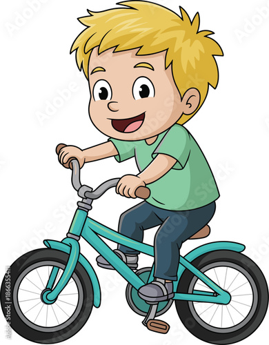 Cartoon boy riding bike illustration cheerful blond child enjoying bicycle ride outdoor activity healthy lifestyle concept for children's books educational materials school projects and happy childhoo