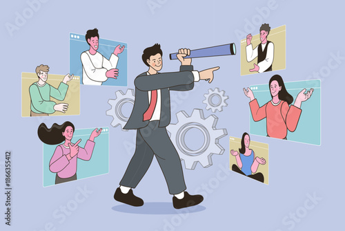 Human resources recruitment and headhunting concept. Businessman with spyglass searching for employee candidate among people profiles. Vector for hiring talent, team management and leadership vision.