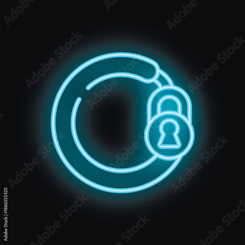 Glowing neon blue cycle is locked with a padlock on a black background