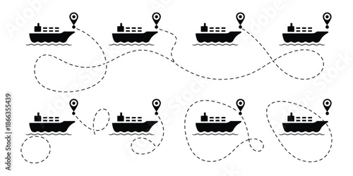 Ship routes with dotted line collection showing ships’ paths with start points, representing travel, navigation, and maritime journey concepts, isolated on white background in vector illustration 