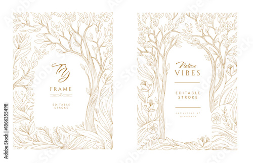 Set of frame illustrated with landscape and floral elements. Elegant collection of brochures for wedding invitation, wallpaper art or save the date card. Editable stroke