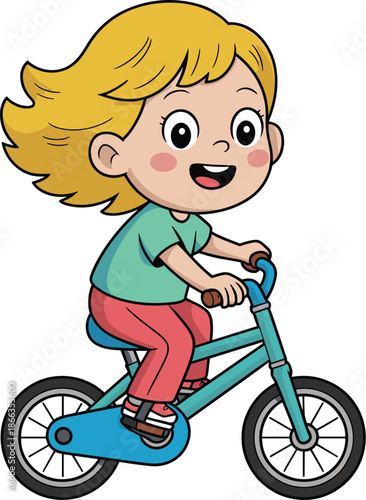Cartoon girl riding bicycle smiling cheerfully outdoor activity healthy lifestyle cute cheerful kid enjoying bike ride illustration for children's books educational materials recreational activities p