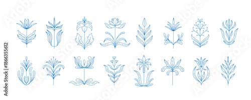 Set of boho simple geometric branch and flowers. Botanic design elements in wavy and vintage style. Leaves and branches print for logo, social media or packaging