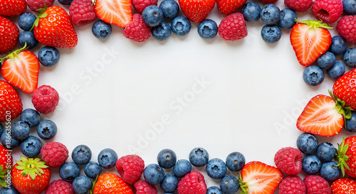 Mixed berries arranged on white background for fresh dessert decoration  