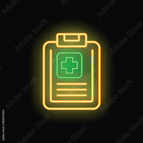 Bright green and yellow neon sign showing a medical report on a clipboard glowing on a dark background