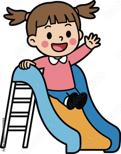 Happy cartoon girl sliding down colorful slide at playground waving cheerfully playful child having fun outdoors in sunny weather kids activity illustration for children's books educational materials