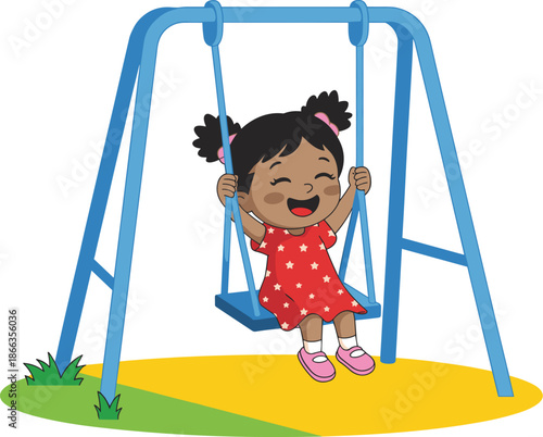 Happy cartoon girl swinging on playground swing set illustration joyful child having fun outdoors in summer park activity cheerful kid enjoying recreation playtime drawing for children's book educatio