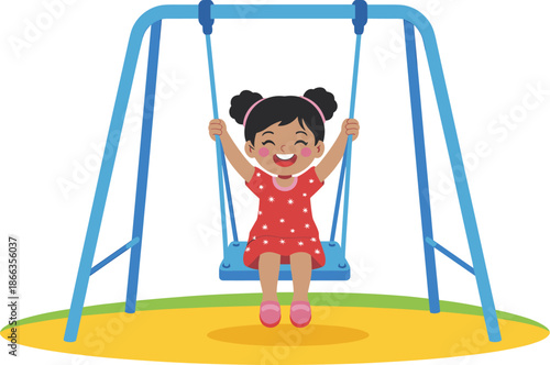 Happy cartoon girl swinging high on playground swing set having fun outside in summer cheerful child character illustration for early childhood education learning materials recreational activity playt