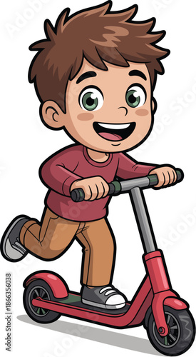 Cartoon boy riding red scooter happy energetic child having fun outdoors active lifestyle illustration for children's books educational materials and recreational activity promotions joyful childhood
