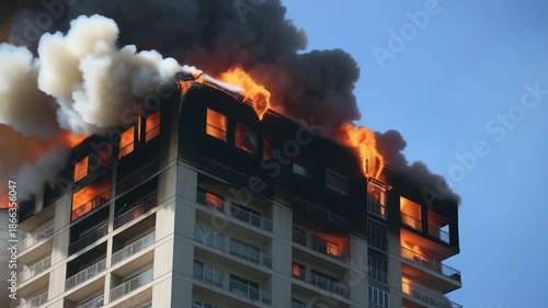 Apartment building engulfed in flames with thick smoke billowing into the sky