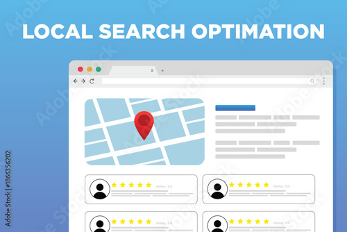 local search SEO marketing strategy based on regional consumer searches for services or product nearby. Browser with search result, map of nearby places with descriptions and ratings
