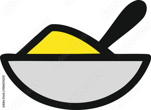 A simple illustration of a bowl with a spoon and yellow contents