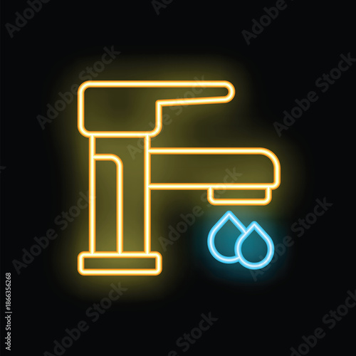 Neon sign of a leaking tap with drops of water falling from it on a black background