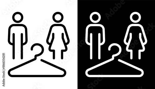 Mens and womens changing rooms line icon set with simple outline symbols. Vector illustration hanger for public facilities.