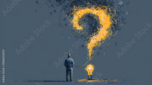 Man facing a giant fiery question mark emanating from a lightbulb, conceptual high resolution image