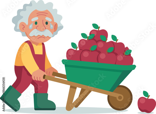 Sad elderly farmer pushing wheelbarrow full of red apples in orchard harvest season frustrated with crop failure elderly man with fruit garden agriculture industry concept for marketing presentations