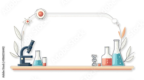 Minimal Science Frame Illustration with Microscope and Laboratory Glassware for Education Banner and Greeting Card Template