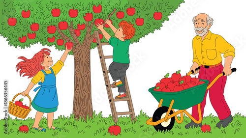 Cartoon family harvesting ripe red apples from apple tree in orchard with wheelbarrow and ladder cheerful grandparent children picking fruit agriculture farming illustration for harvest season healthy