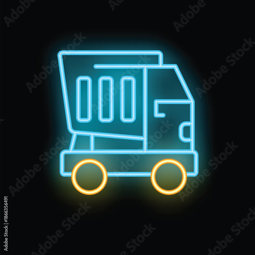 Vibrant neon icon of a dump truck is glowing brightly against a dark backdrop
