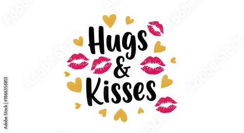 Hugs and kisses typography design featuring black text, pink lipstick kiss marks, and small yellow heart shapes isolated on transparent background