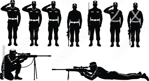Set of hunters or shooters silhouette vector illustration, men aiming rifles, shotguns, and holding weapons, standing and kneeling positions, hunting dog companion included