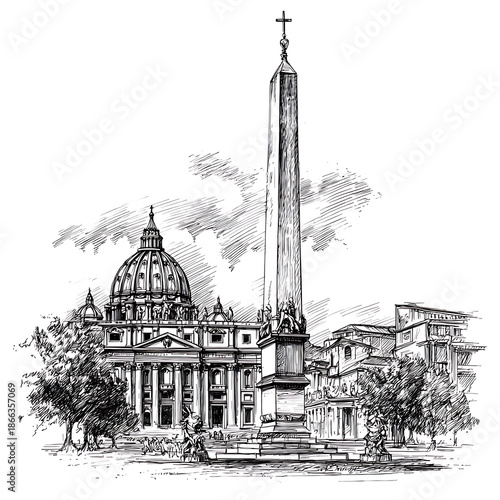 St. peter's basilica and vatican obelisk line art sketch high resolution image