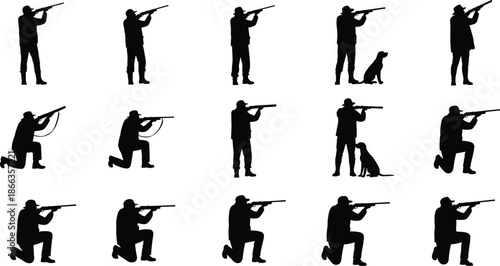Set of military soldiers and snipers silhouette vector illustration, showing army men saluting, standing in formation, and aiming rifles in various combat positions