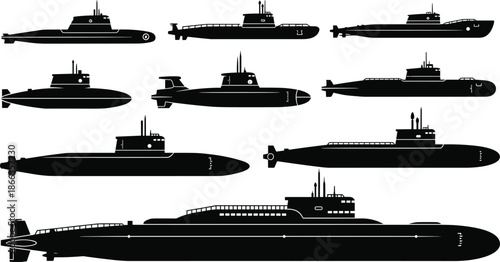 Set of military submarine silhouettes in side view, naval warfare vessels collection, modern underwater fleet vector illustration for defense design