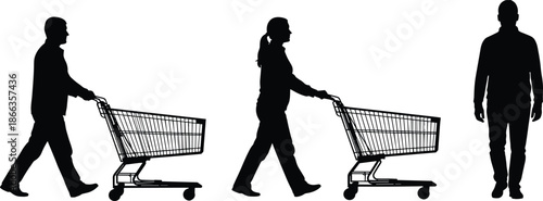 Shopping cart people silhouette vector illustration, man and woman pushing grocery trolley, retail consumer behavior concept, supermarket shopping icon design