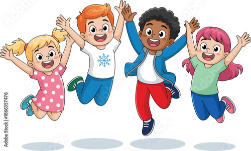Diverse group of cartoon children jumping happily together illustration of cheerful multiracial kids celebrating success and freedom in joyful high spirits for educational materials and childhood deve