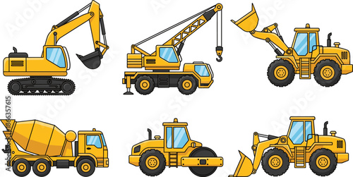 Construction vehicle cartoon set, excavator crane loader mixer roller bulldozer, kids machinery pack, cad drawing flat vector illustration