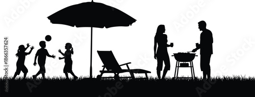 Silhouette of a family having a barbecue party in the garden, kids playing with a ball, summer vacation and outdoor leisure activity,