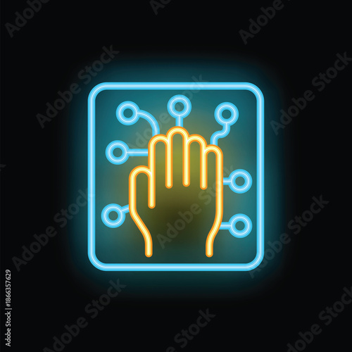 Neon sign representing a biometric hand scanner, symbolizing access control and futuristic technology