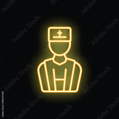 Neon yellow glowing icon of a christian priest wearing a cassock with clerical collar