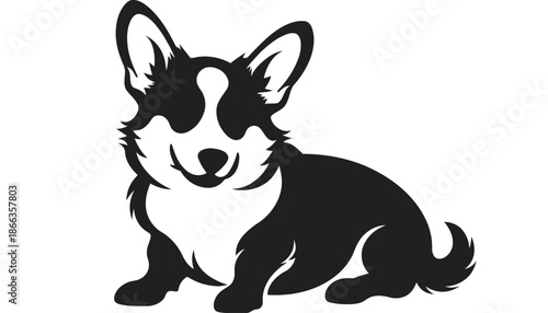 Corgi dog sitting in black and white vector illustration