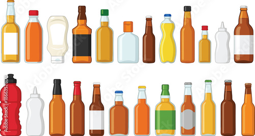 Assorted bottles illustration set, glass plastic containers collection, beverage sauce oil packaging, empty bottle shapes, realistic vector elements