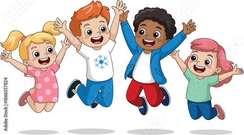 Happy diverse cartoon kids jumping and celebrating together with arms raised in joyful excitement multicultural children enjoying friendship and fun illustration for educational resources childrens bo