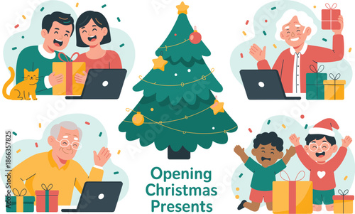 Happy diverse family celebrating Christmas together online with video call on laptops presents and tree happy modern holiday illustration for greeting cards festive social media seasonal connection co