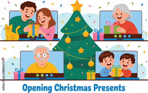Happy family opening Christmas presents together on a video call virtual celebration with decorated tree grandparents children and cat cartoon illustration for holiday greetings remote connection fest